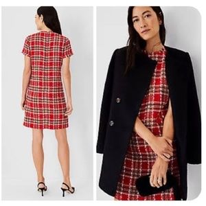 Ann Taylor Plaid Tweed Pocket Shift Dress Red 4